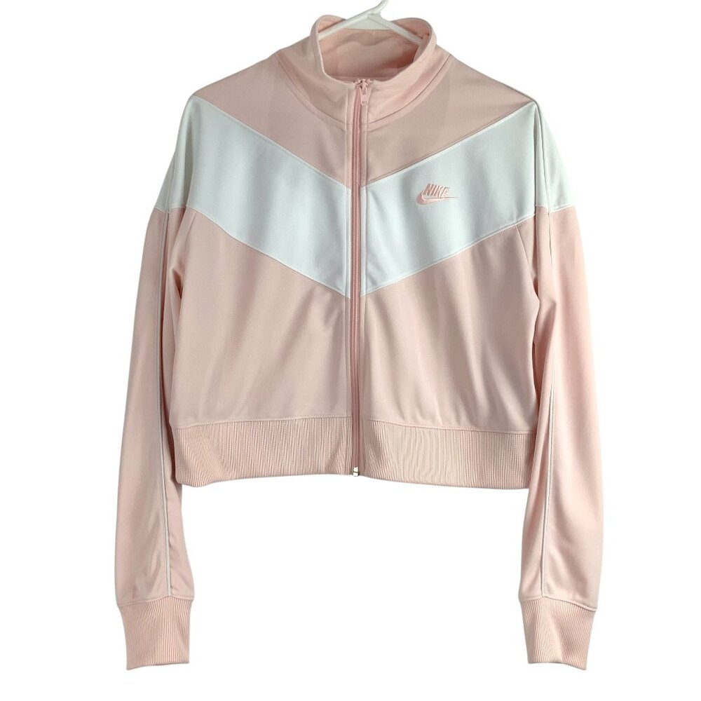 Nike Pink White Color Block Long Sleeve Mock Neck Full Zip Crop Sweater Sz L